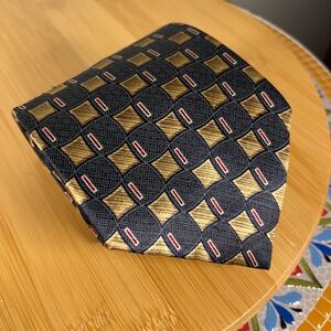Vintage Geoffrey Beene Geometric Navy Gold Silk Size 4x60 Mens Necktie Tie